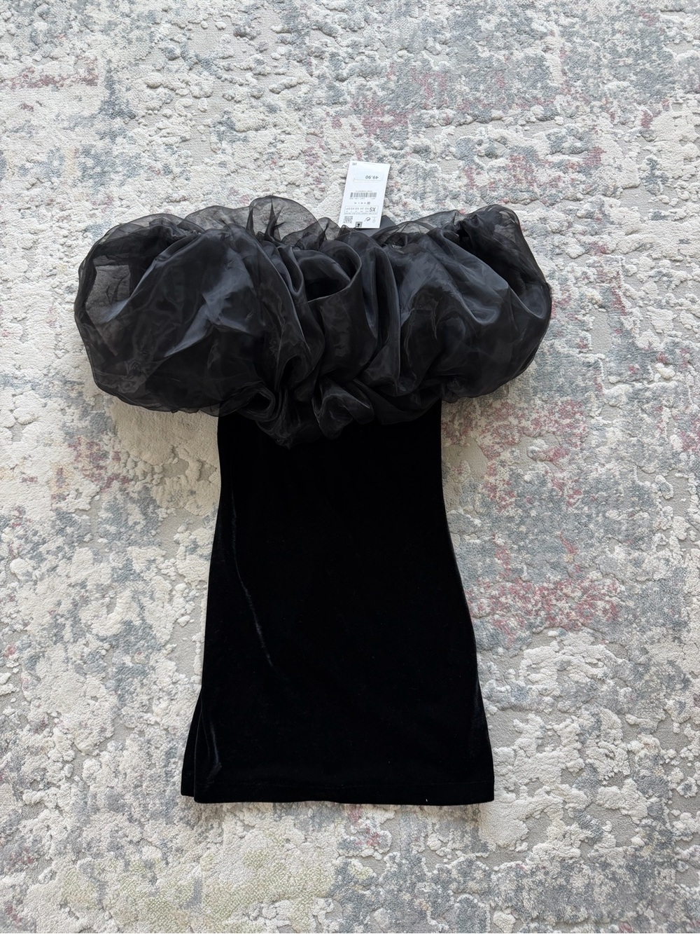 Zara Black Strapless Velvet Dress with Tulle Puff Neck